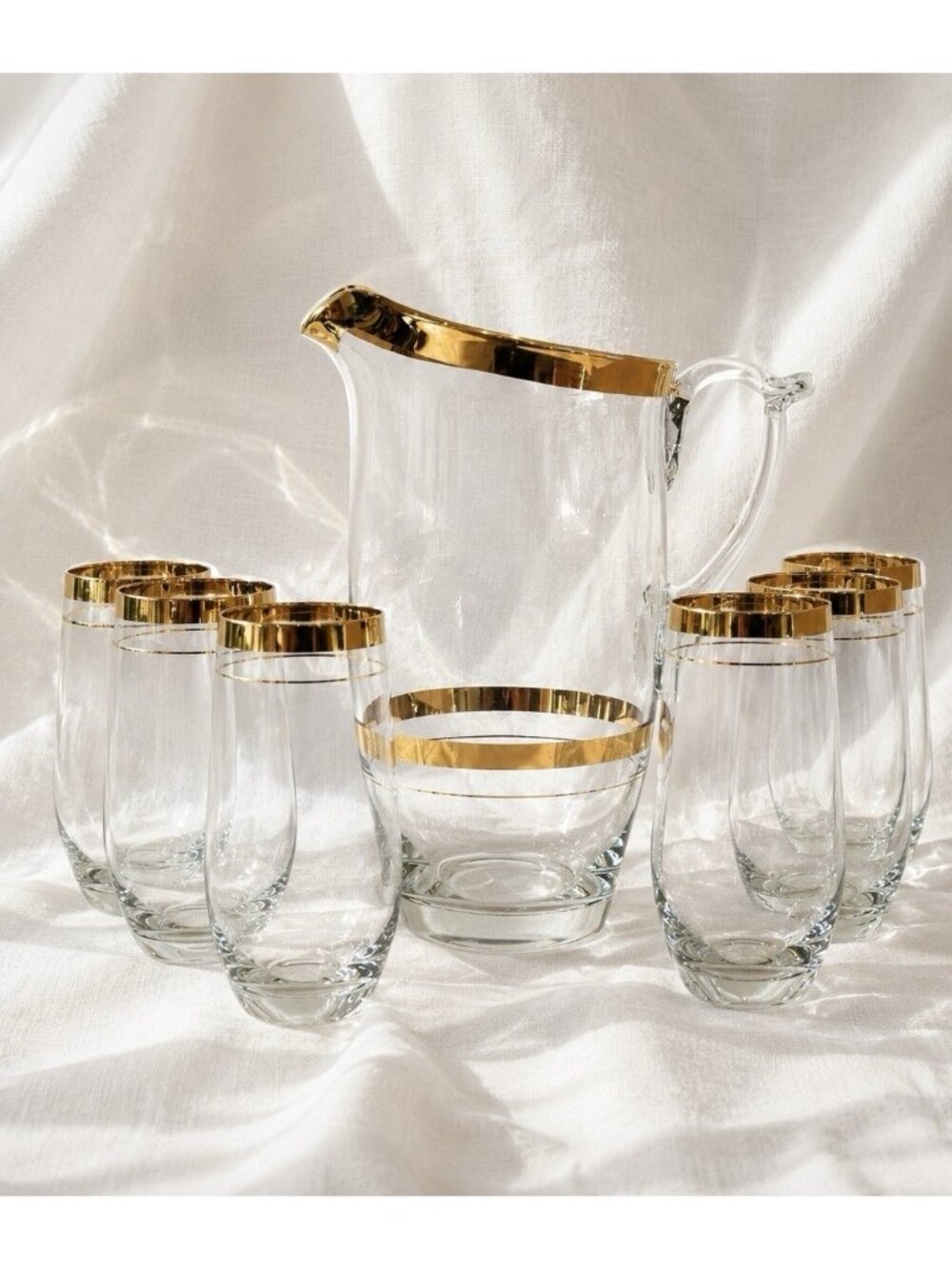 Vintage Hand Blown Gold Rim Glass Pitcher & 6 Tumblers Polished Pontil MCM